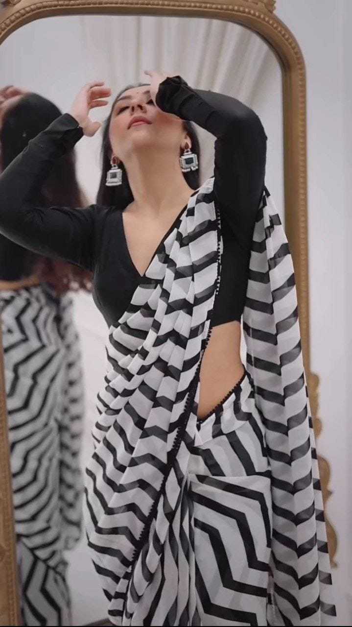 Black & White Printed Georgette Saree with Fancy Lace Border & Satin Blouse – Festive & Party Wear - House of ViDi