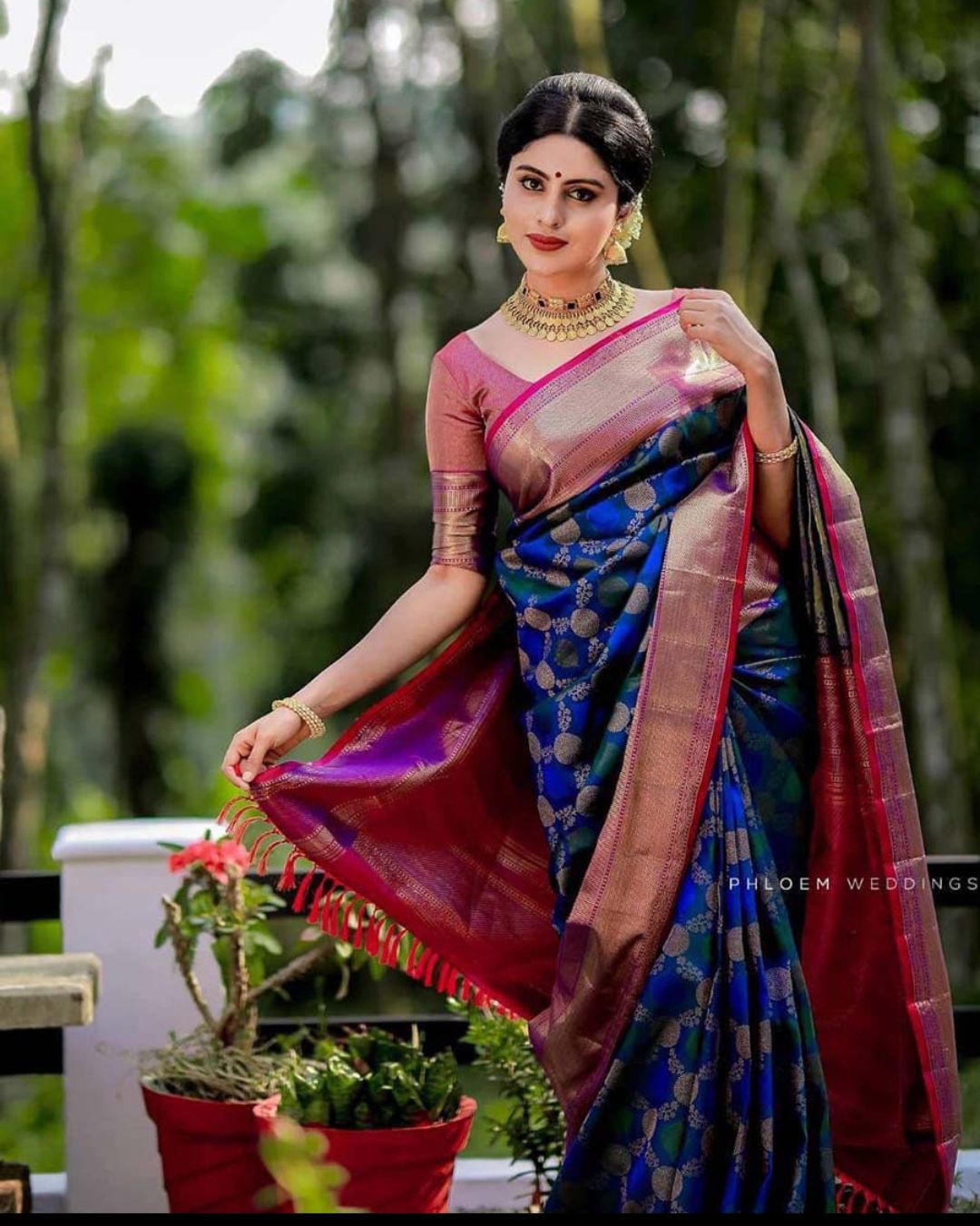 Navy Blue Soft Lichi Silk Saree with Golden Zari Weaving – Jacquard Designer Blouse | Wedding & Festive Wear - House of ViDi