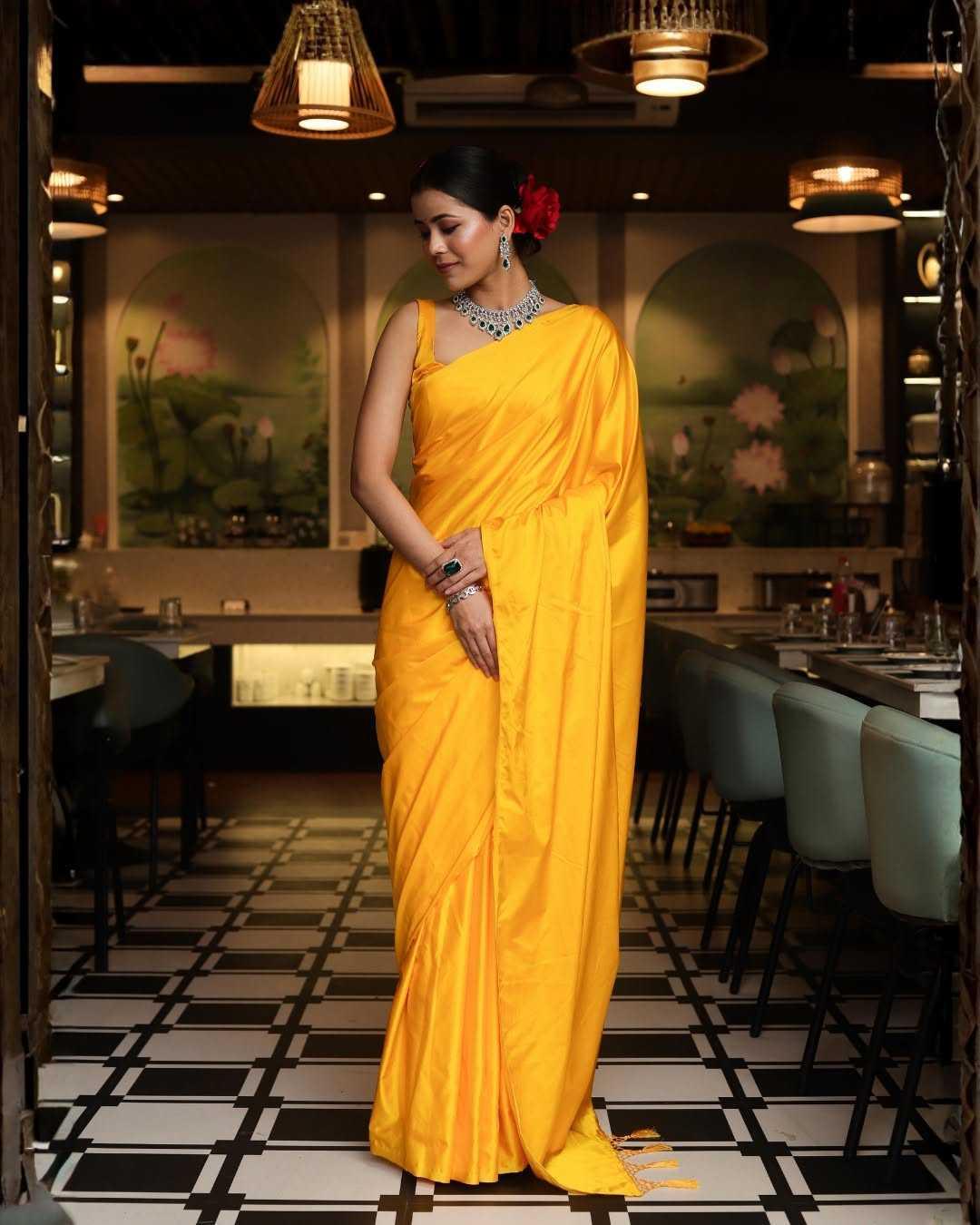 Yellow Premium Party Wear Crepe Silk Saree with Matching Blouse - House of ViDi