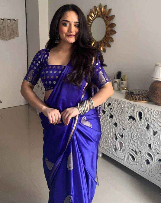 Royal Blue Katan Silk Saree with Silver Weaving & Brocade Blouse