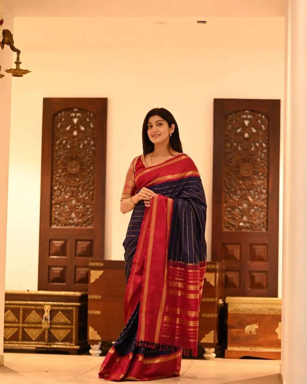 Banarasi Soft Silk Saree with Gold Zari Stripes – Dual Shade Contrast Pallu & Unstitched Blouse - House of ViDi
