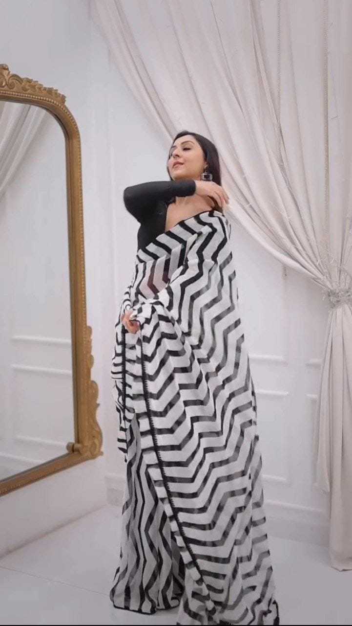 Black & White Printed Georgette Saree with Fancy Lace Border & Satin Blouse – Festive & Party Wear - House of ViDi
