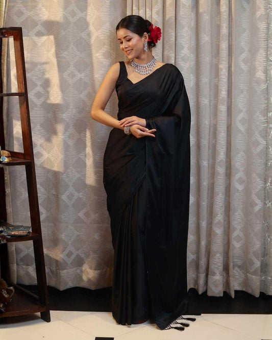 Black Premium Party Wear Crepe Silk Saree with Matching Blouse - House of ViDi