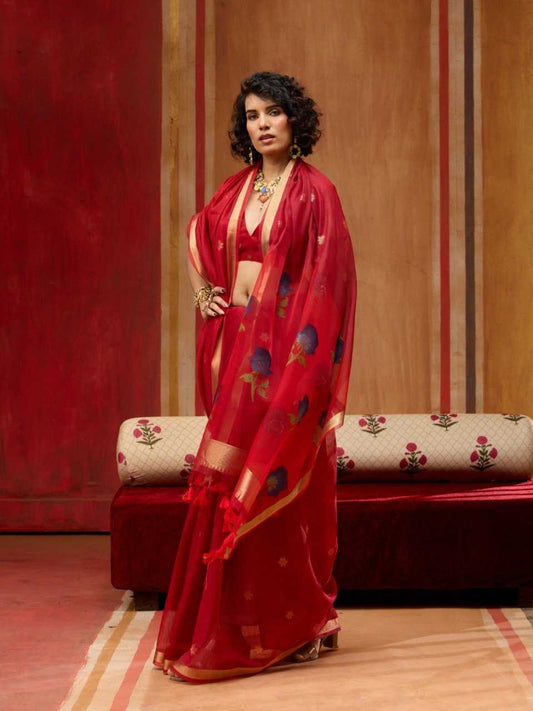 Red Handloom Silk Saree with Organza Pallu & Woven Design - House of ViDi