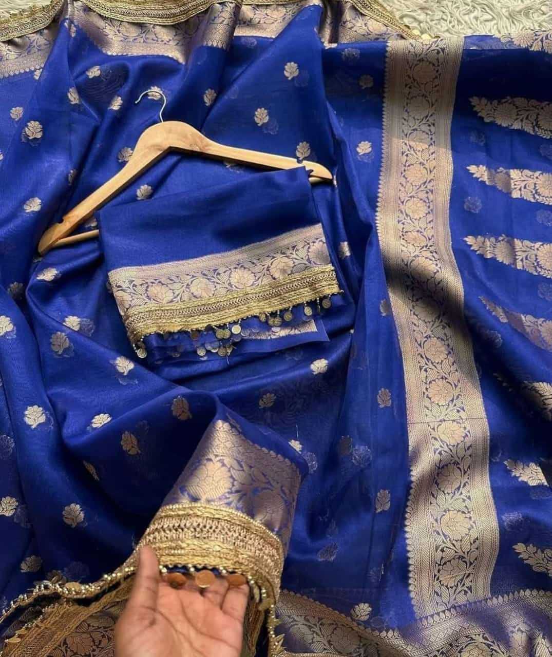 Blue Banarasi Soft Tissue Silk Saree with Zari Weaving & Coin Lace – Elegant Wedding Wear Saree