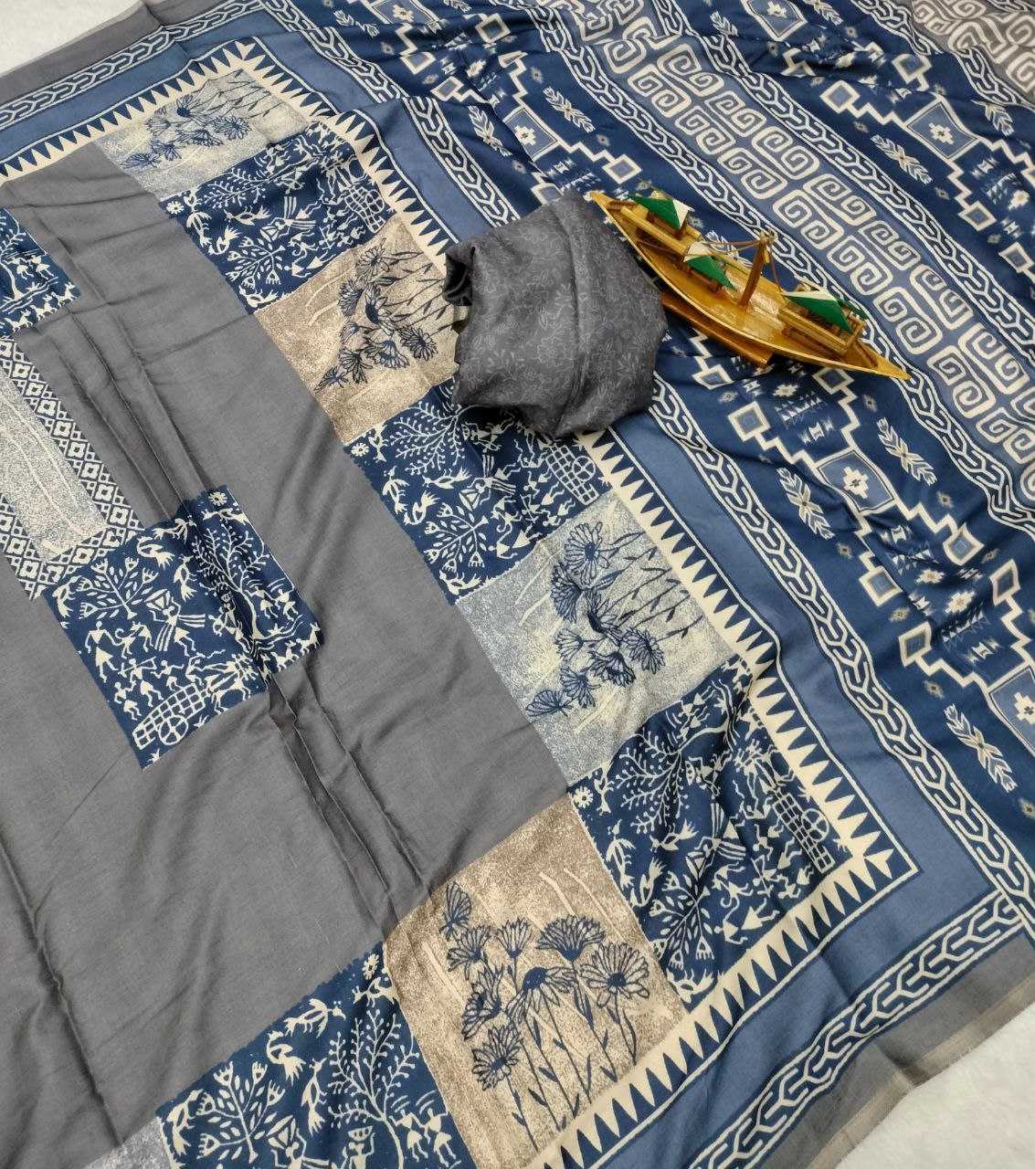 Blue Warli x Kalamkari Edition Soft Silk Saree with Designer Pallu & Zari Border – Premium Soft Silk Saree