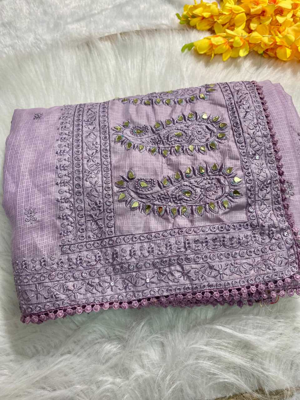 Lilac Kota Silk Saree with Sequin & Mirror Embroidery – Fancy Lace Border & Banglori Blouse - House of ViDi