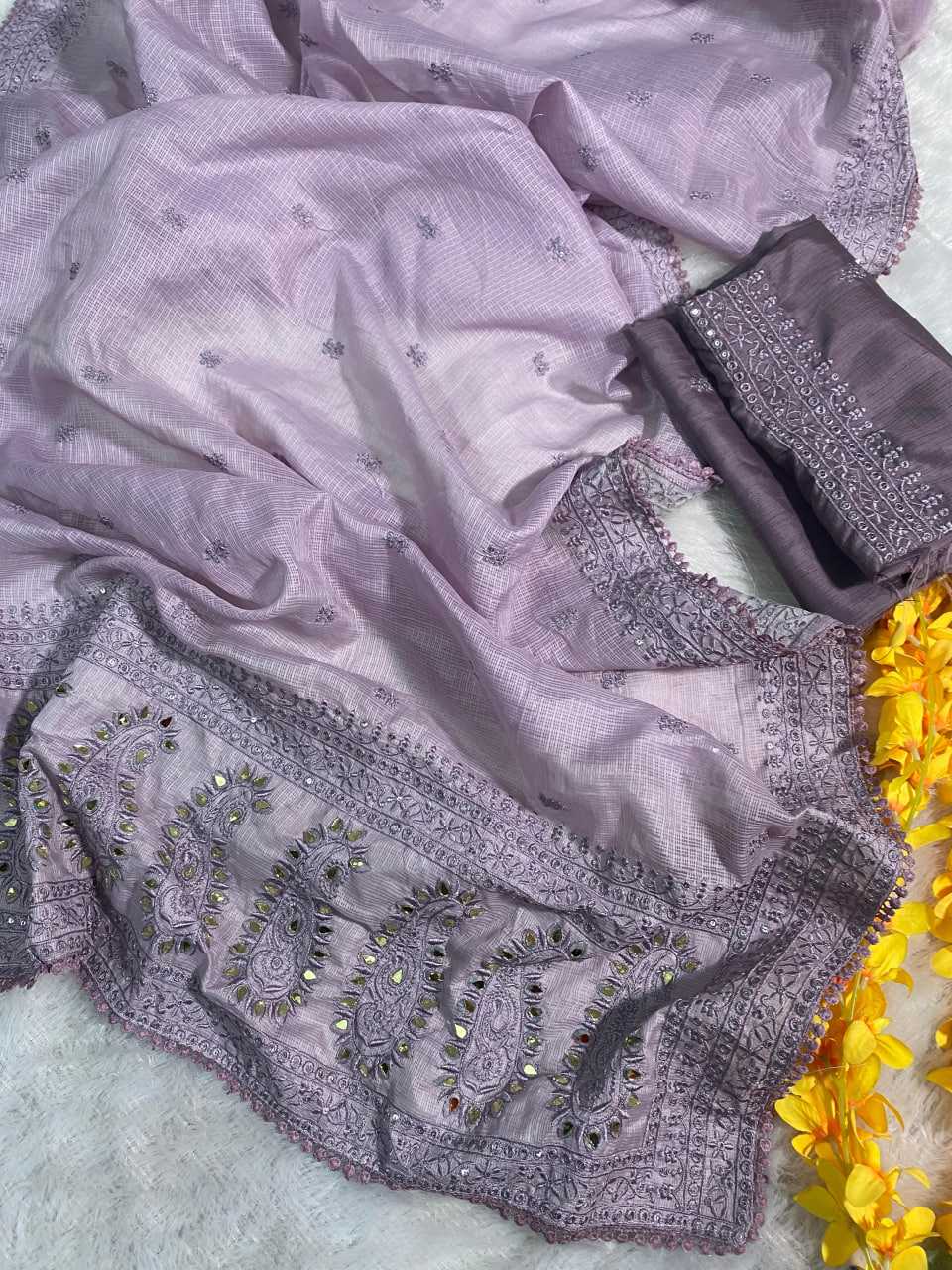 Lilac Kota Silk Saree with Sequin & Mirror Embroidery – Fancy Lace Border & Banglori Blouse - House of ViDi