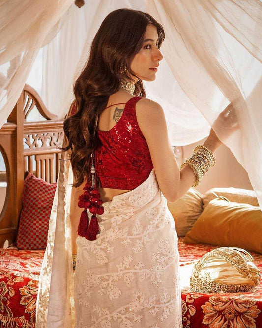White Georgette Saree with Cotton Thread Chainstitch & Stone Handwork - House of ViDi