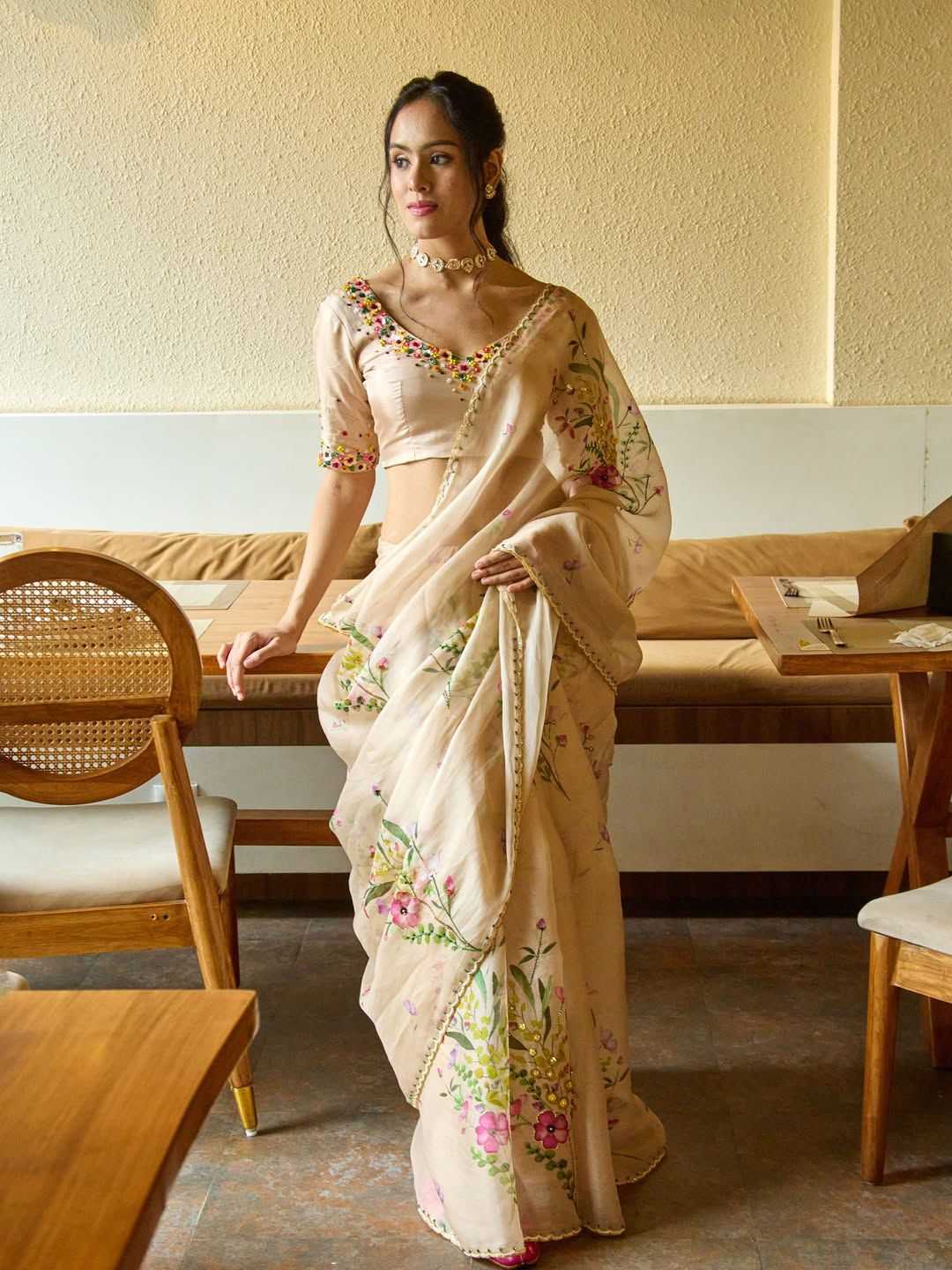 Tabby Silk Printed Saree with Handwork & Designer Blouse – Fresh Floral Elegance - House of ViDi
