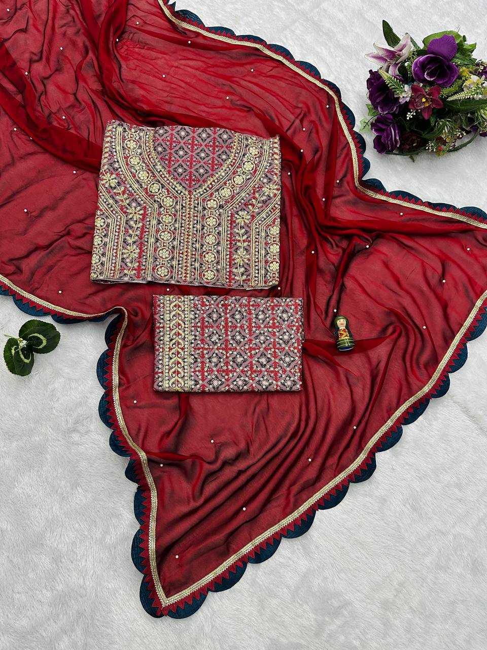 Shraddha Kapoor Inspired Red Rangoli Silk Saree | Plain Cutwork Saree with Pearl Moti Detailing