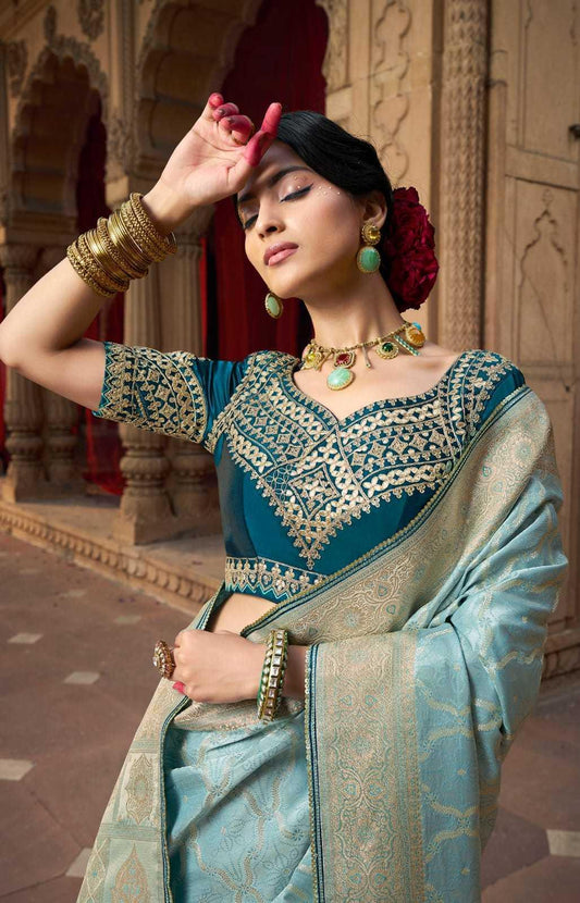 Sky Blue Pure Satin Designer Saree with Lace Border & Heavy Embroidered Contrast Blouse | Party & Traditional Wear - House of ViDi