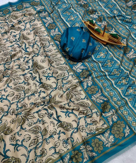 Peacock Blue Warli x Kalamkari Edition Soft Silk Saree with Designer Pallu & Zari Border – Premium Soft Silk Saree - House of ViDi