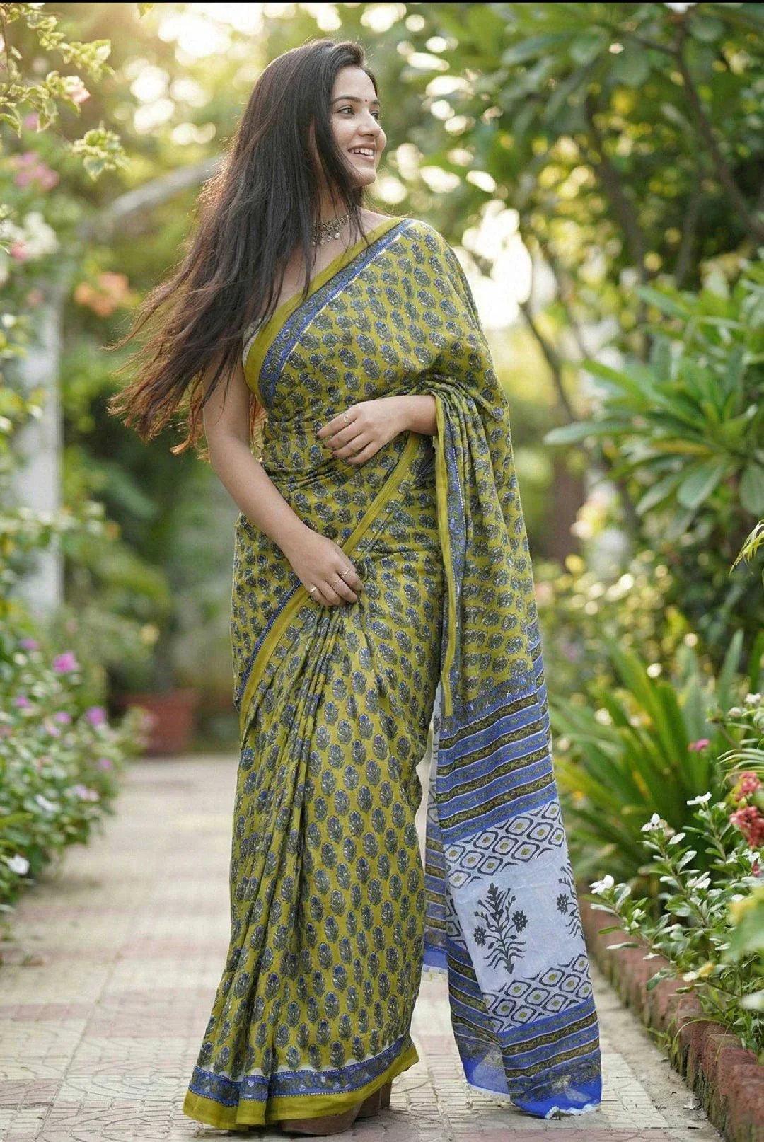 Olive Premium Bagru Block Print Mulmul Cotton Saree with Blouse – Jaipur Ajrakh Handcrafted - House of ViDi