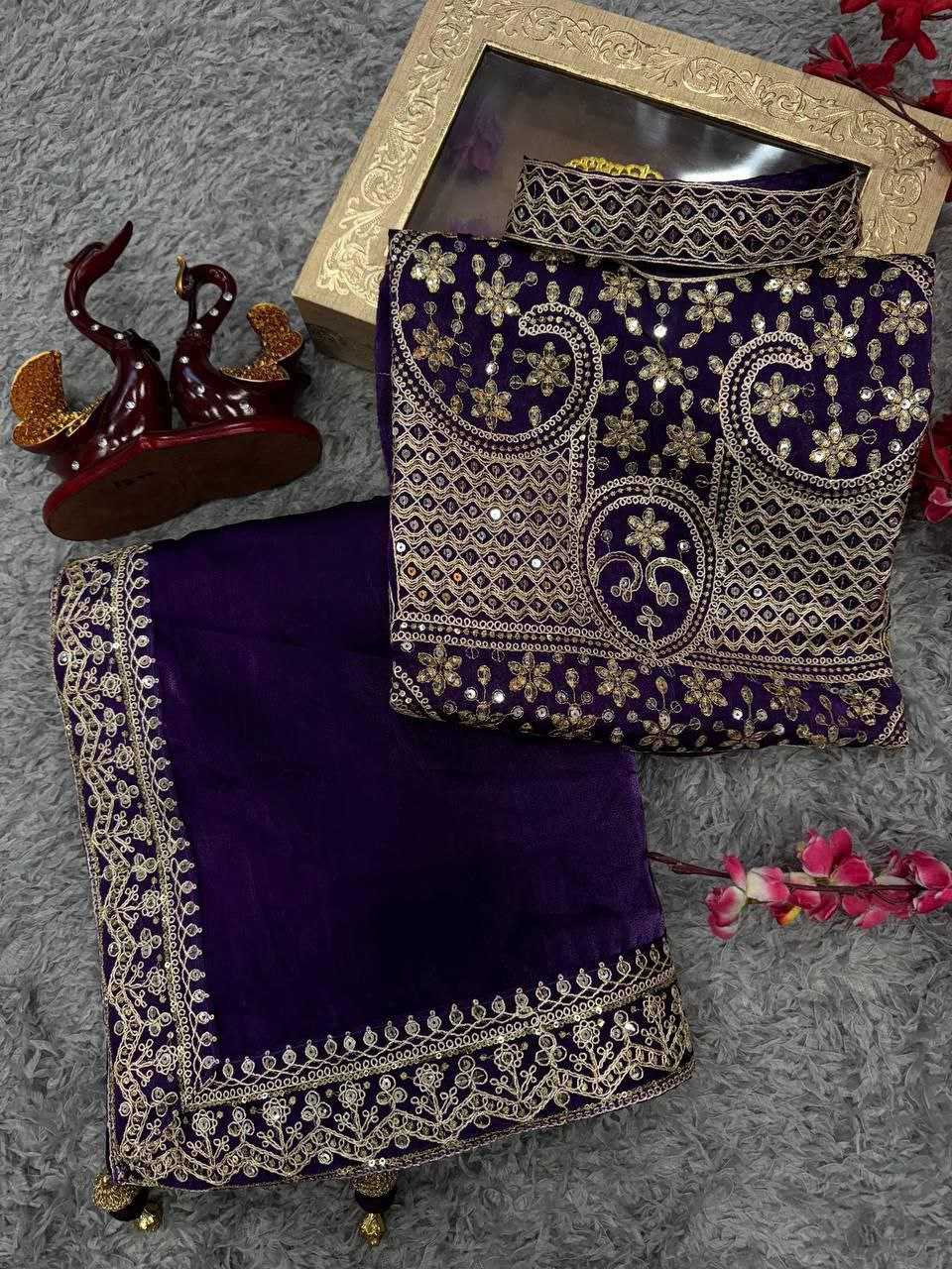 Ananya Pandey Purple Fendy Satin Saree with Cording & Sequins Work Lace Border – Designer Party Wear