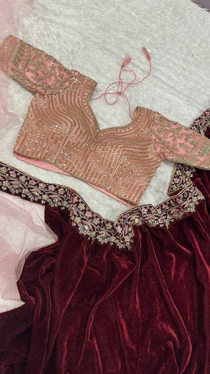 Designer Velvet & Net Saree with Sequins, Thread & Dori Work – Maroon & Nude Contrast