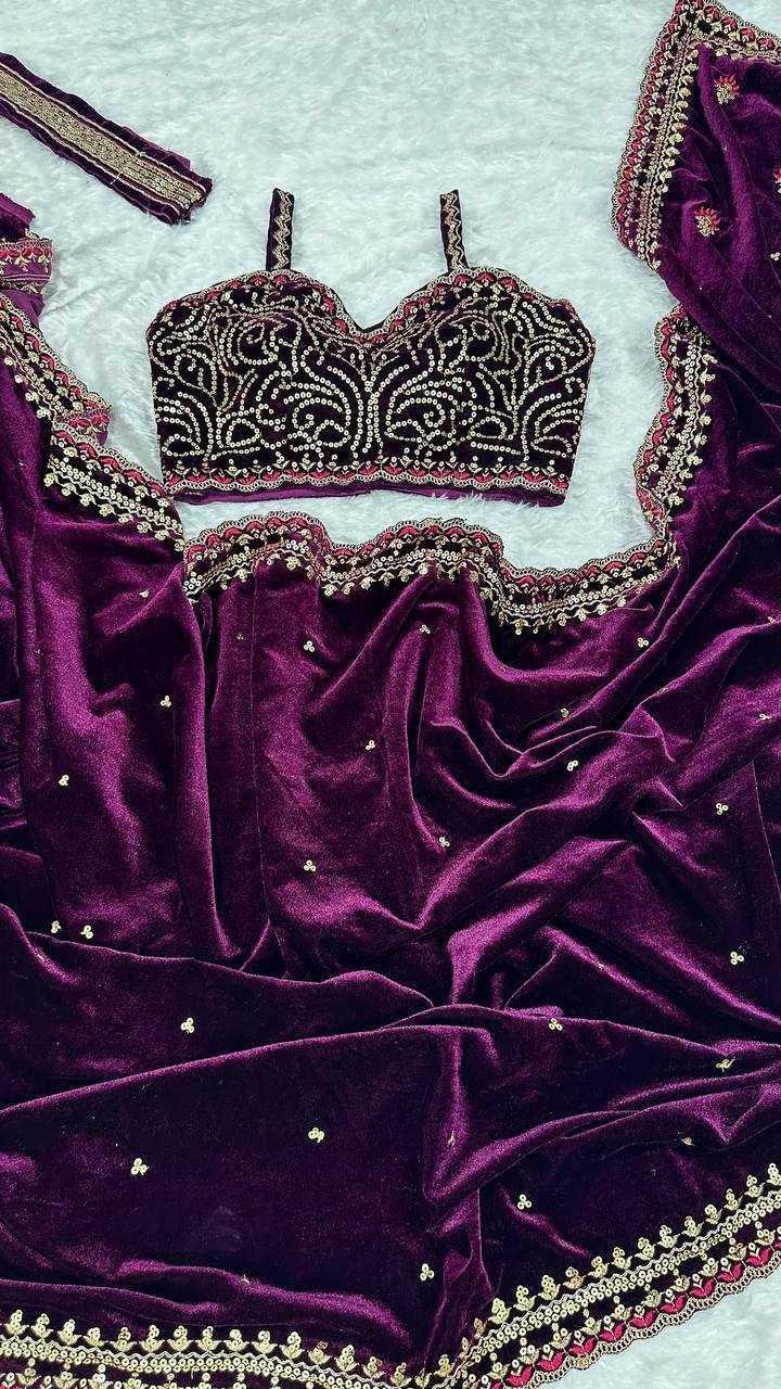 Wine Velvet Saree with Sequins & Dori Work + Blouse & Belt - House of ViDi