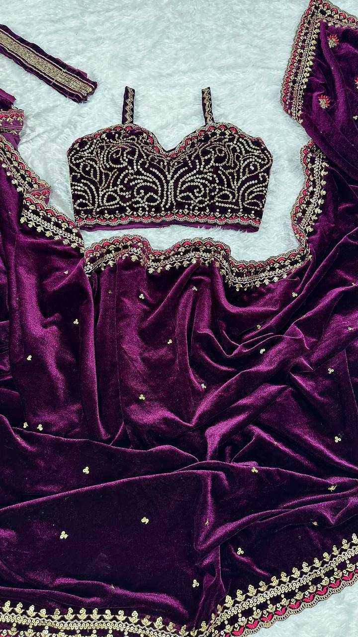 Wine Velvet Saree with Sequins, Dori & Thread Work + Velvet Blouse & Belt | Party Wear Saree | House of ViDi