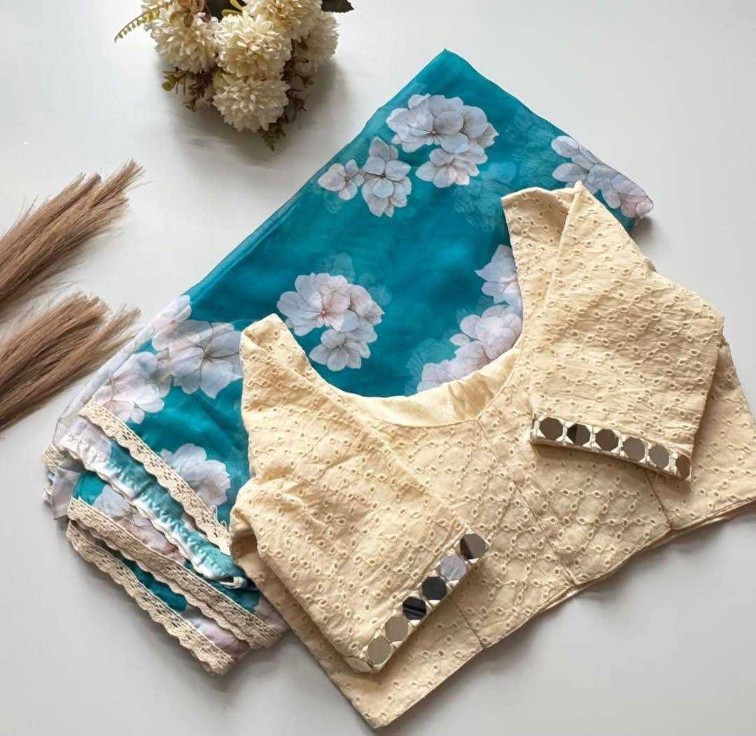 Soft Tebby Silk Digital Printed Saree with Lace Border & Chikankari Mirror Work Blouse – Elegant Everyday & Festive Wear - House of ViDi