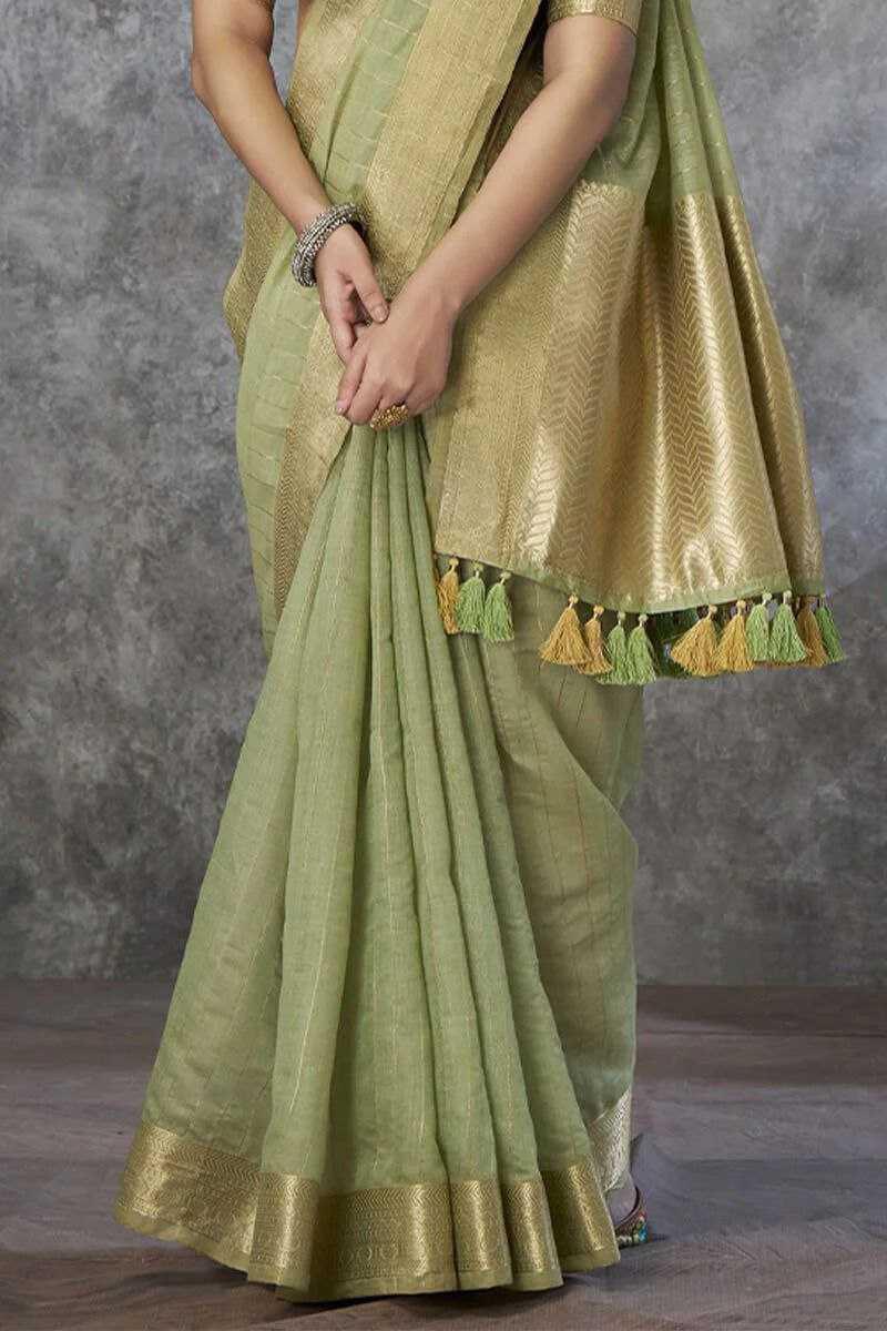 Pista Pure Khadi Cotton Handloom Saree with Rich Pallu & Tassel Detailing | Designer Traditional Saree - House of ViDi