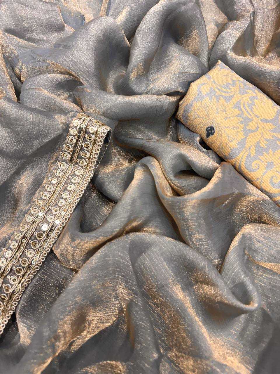 Tamannaah Bhatia Inspired Metallic Grey Chiffon Saree with Dual Sequin & Dori Embroidery - House of ViDi