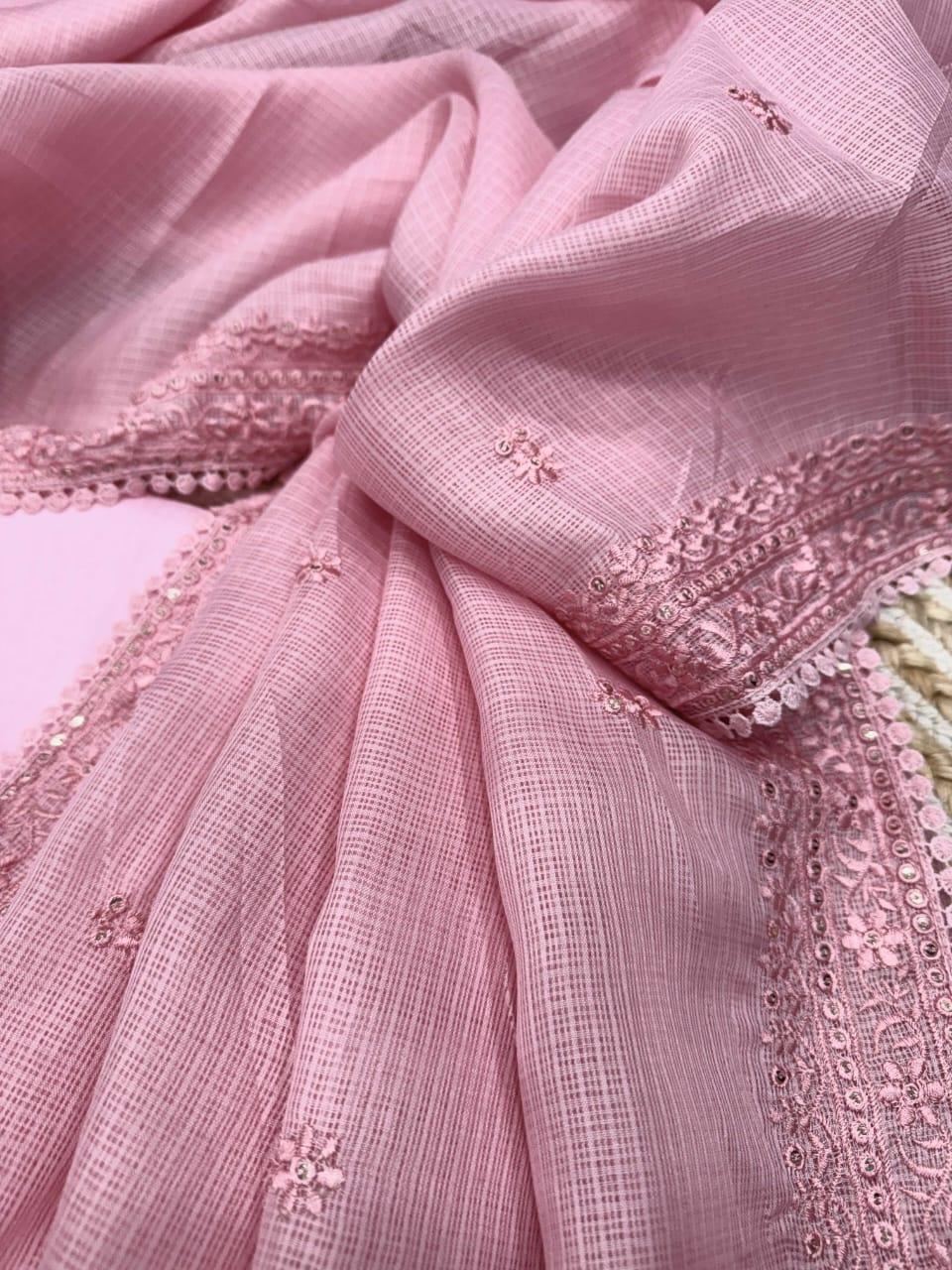 Soft Pink Kota Chex Saree with Sequins & Thread Embroidery - House of ViDi
