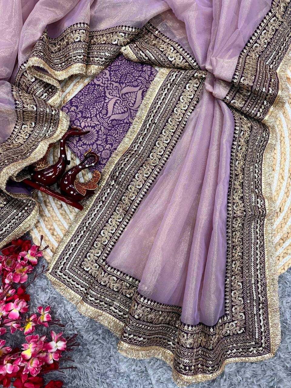 Designer Soft Twill Net Saree with Sequin & Dori Embroidery – Jacquard Silk Blouse - House of ViDi