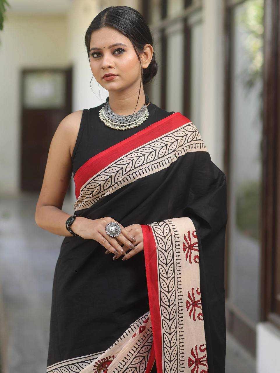 Soft Cotton Ajrakh Block Print Saree – Pure Handloom Style with Unstitched Blouse - House of ViDi