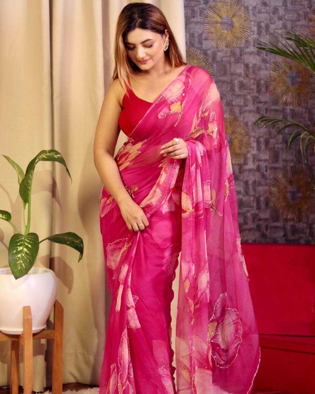Pink Organza Fancy Saree with Floral Print & Katdana Handwork