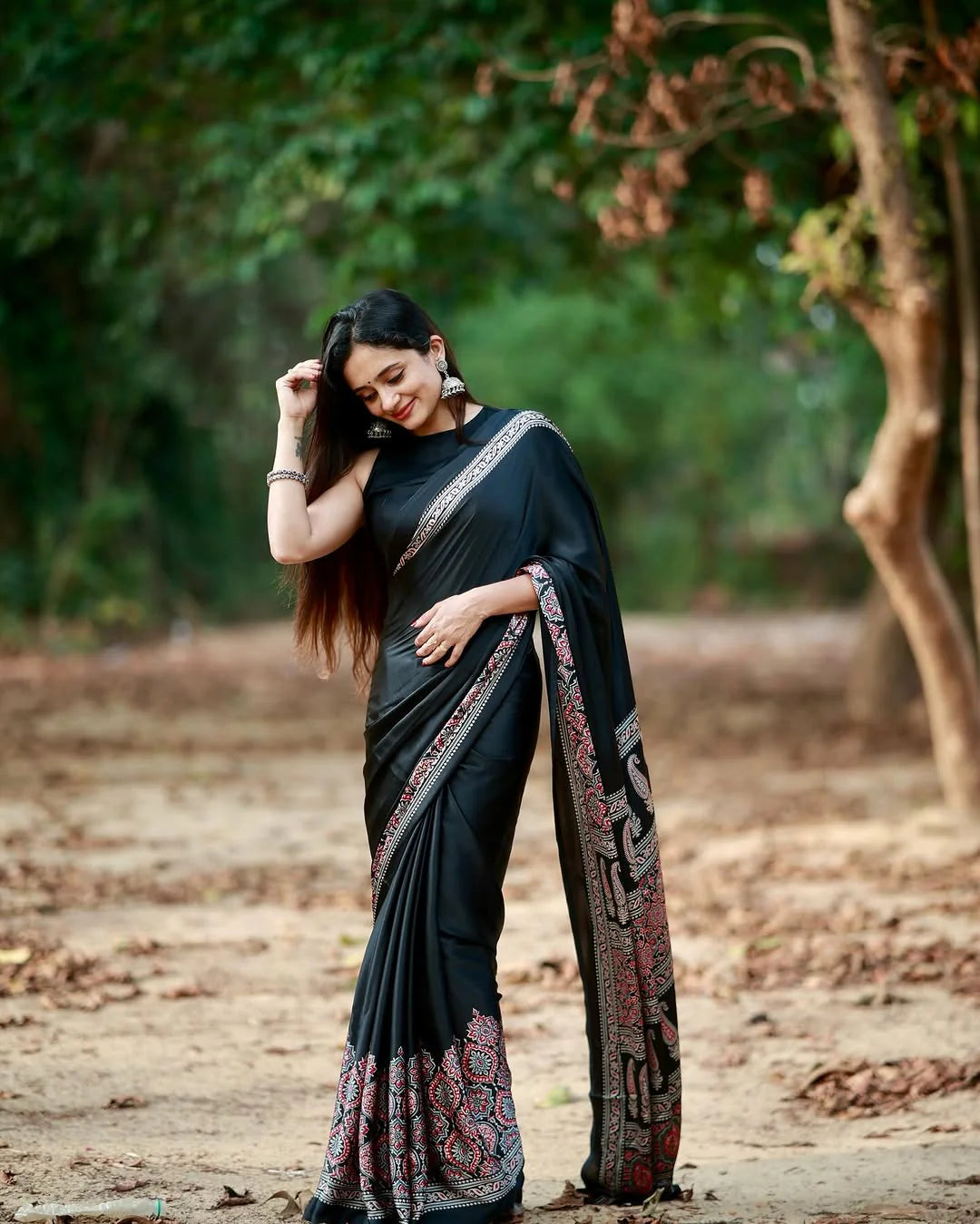 Black Gajji Silk Saree with Traditional Printed Pallu – Semi Japan Gajji Silk with Unstitched Blouse - House of ViDi