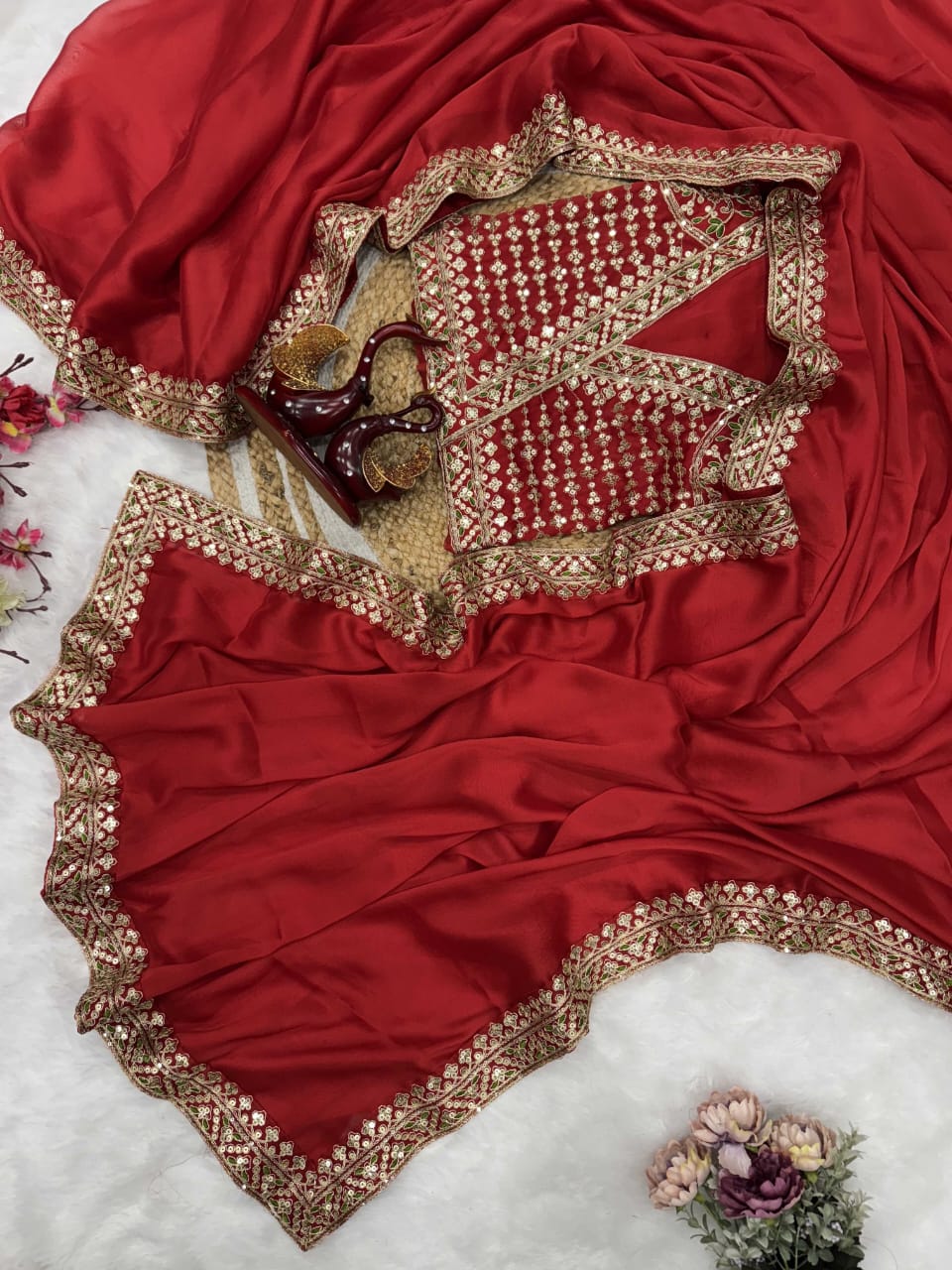 Red Rangoli Silk Party Wear Saree with Sequins & Embroidery Lace Border | Designer Fancy Saree