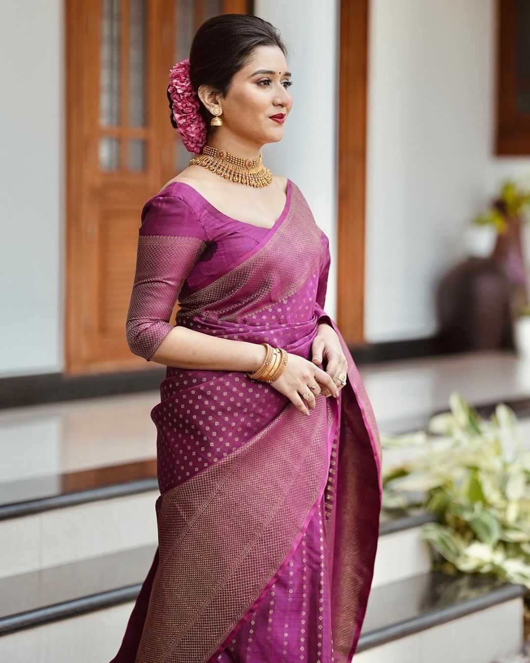 Purple Banarasi Soft Silk Saree with Copper Zari – Unstitched Jacquard Blouse - House of ViDi