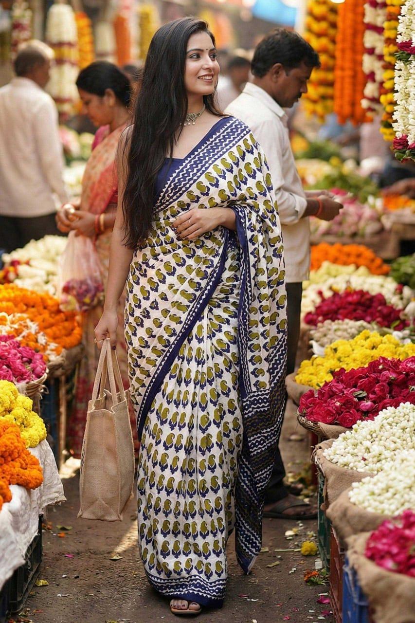 White Premium Ajrakh Block Print Mulmul Cotton Saree with Blouse - House of ViDi