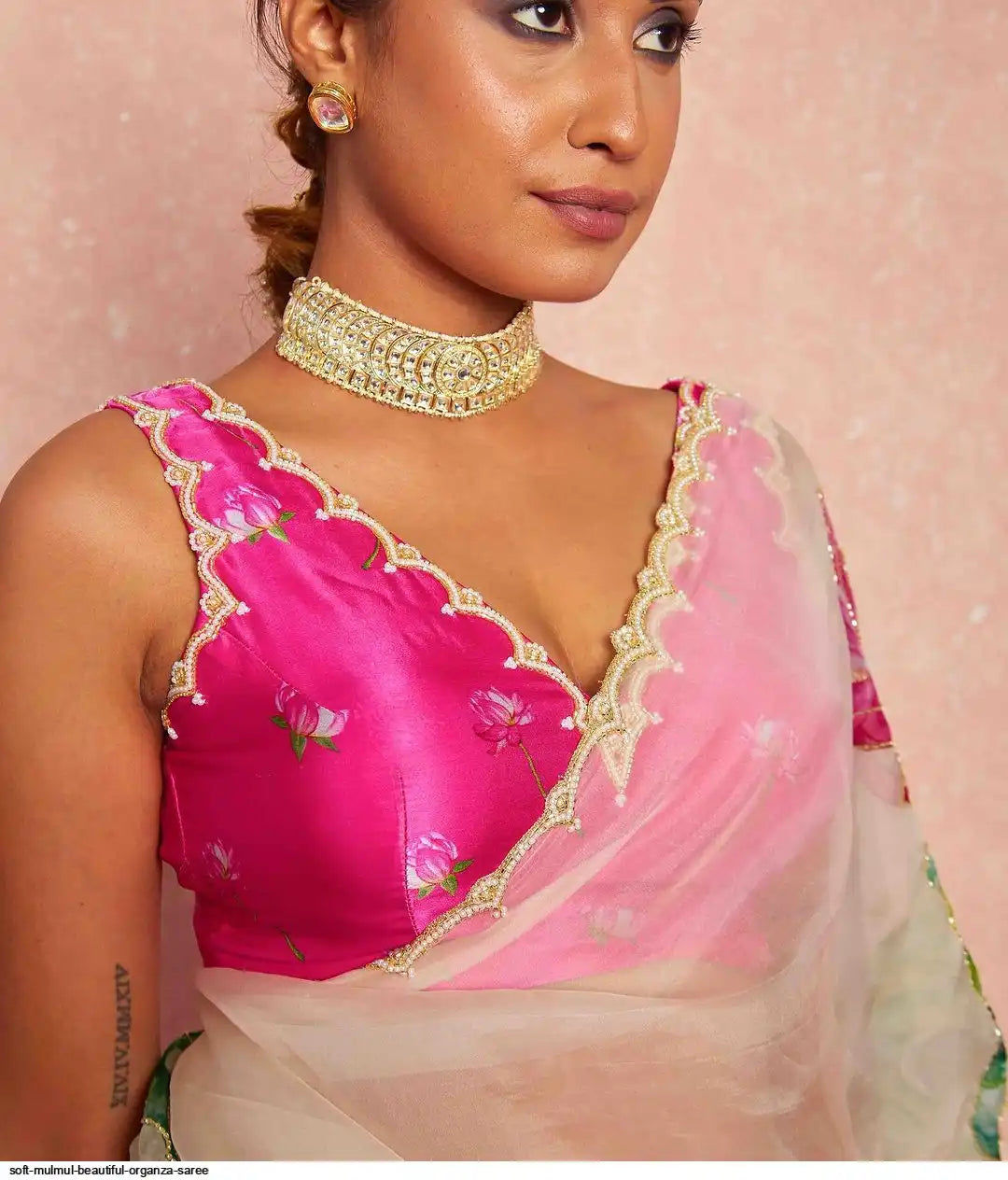 Soft Mulmul Organza Silk Saree with Hand-Embroidered Lotus Motifs & Scallop Border – Designer Elegance with Silk Blouse - House of ViDi