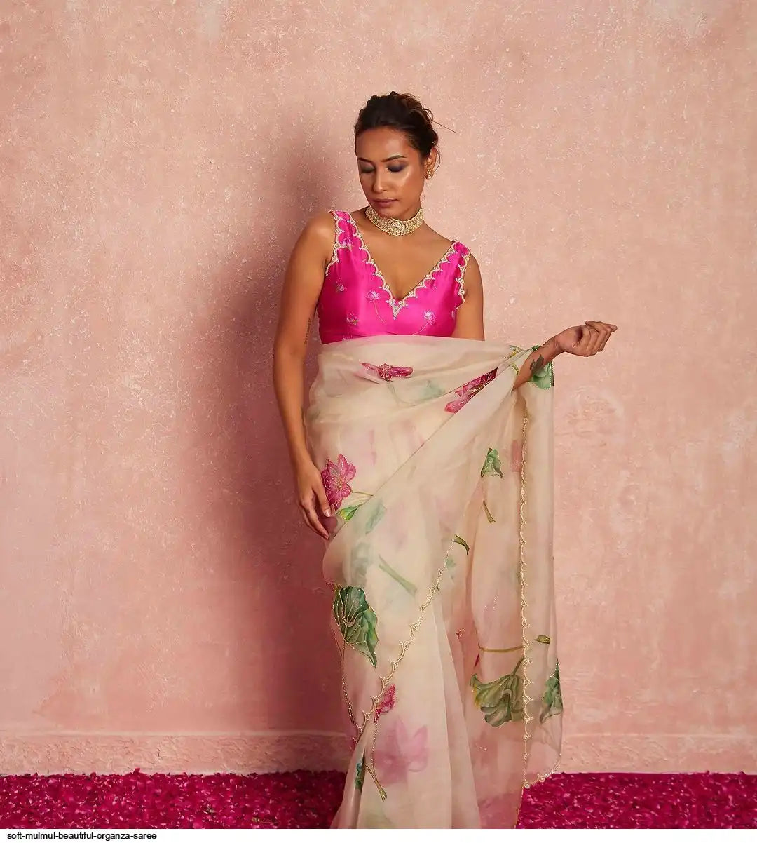 Soft Mulmul Organza Silk Saree with Hand-Embroidered Lotus Motifs & Scallop Border – Designer Elegance with Silk Blouse - House of ViDi