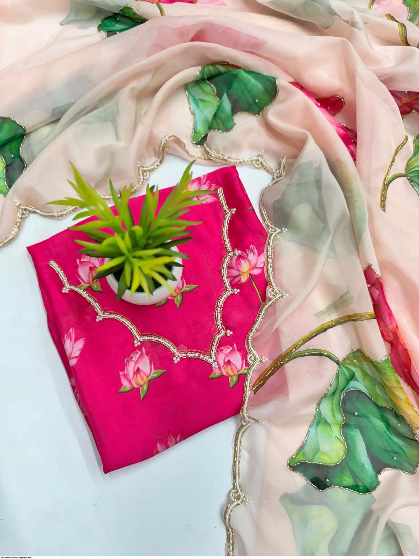 Soft Mulmul Organza Silk Saree with Hand-Embroidered Lotus Motifs & Scallop Border – Designer Elegance with Silk Blouse - House of ViDi