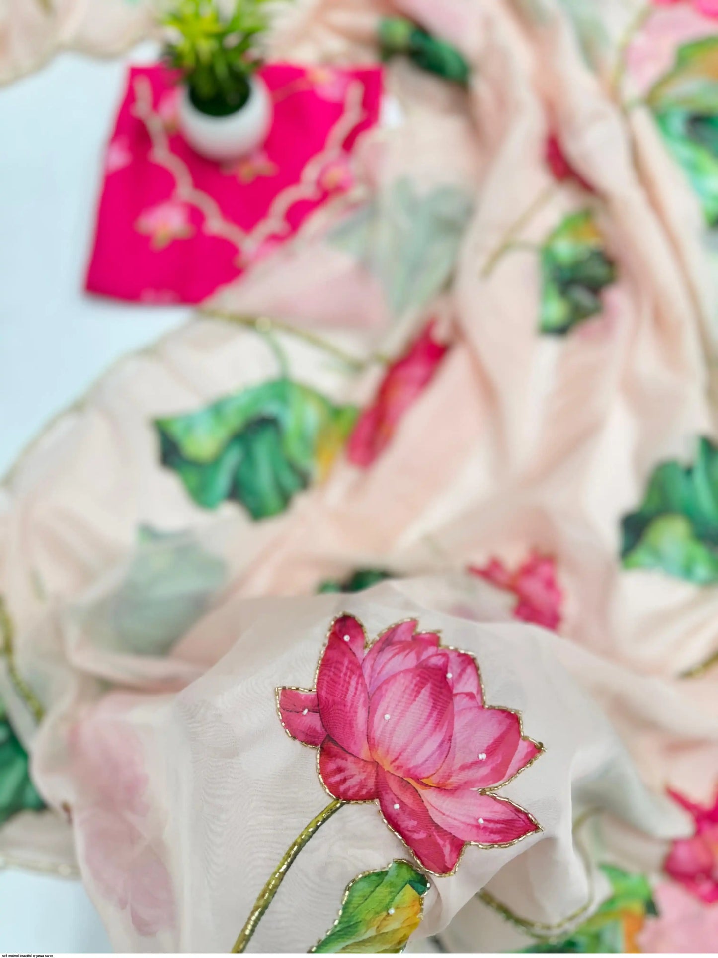 Soft Mulmul Organza Silk Saree with Hand-Embroidered Lotus Motifs & Scallop Border – Designer Elegance with Silk Blouse - House of ViDi