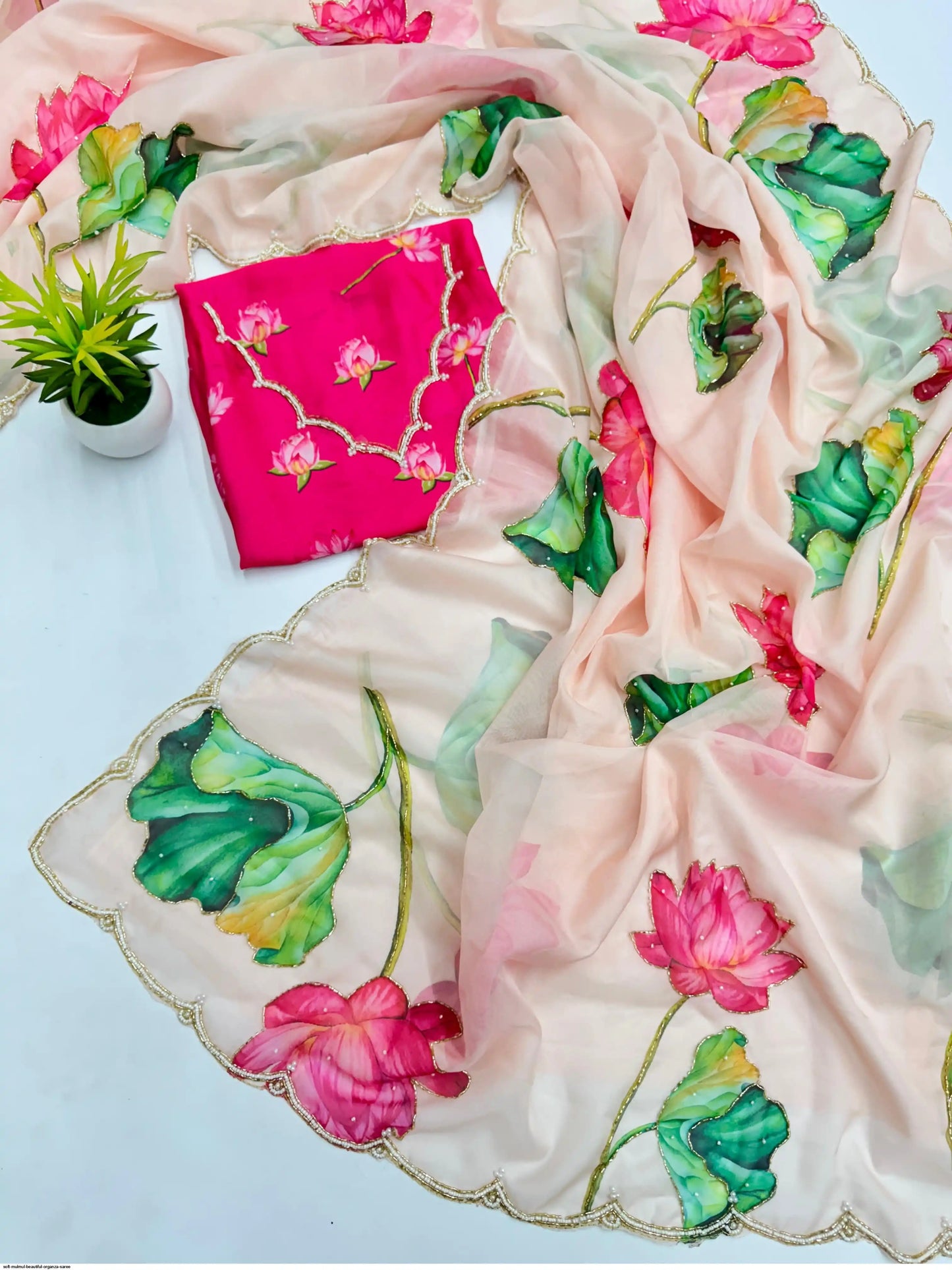 Soft Mulmul Organza Silk Saree with Hand-Embroidered Lotus Motifs & Scallop Border – Designer Elegance with Silk Blouse - House of ViDi