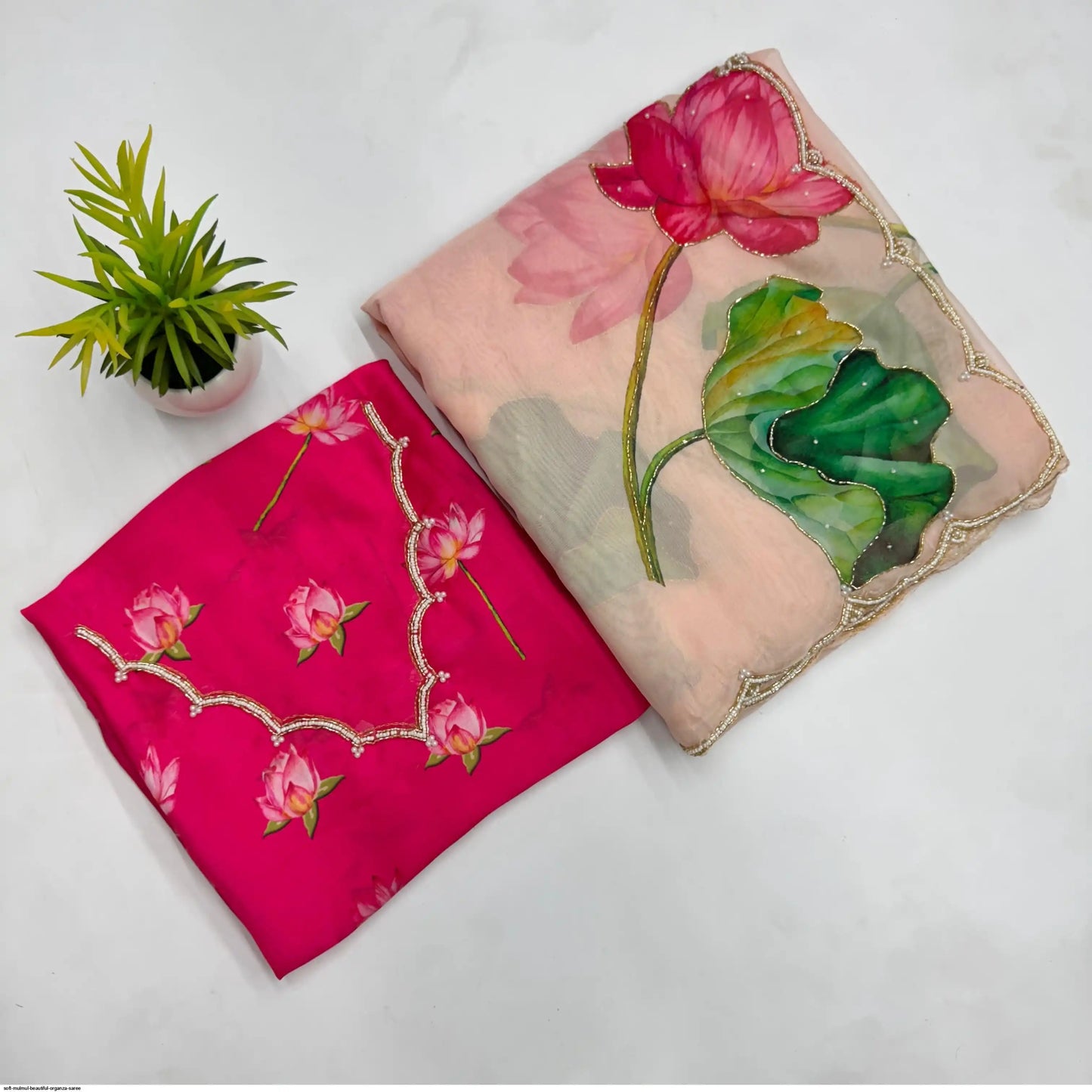 Soft Mulmul Organza Silk Saree with Hand-Embroidered Lotus Motifs & Scallop Border – Designer Elegance with Silk Blouse - House of ViDi
