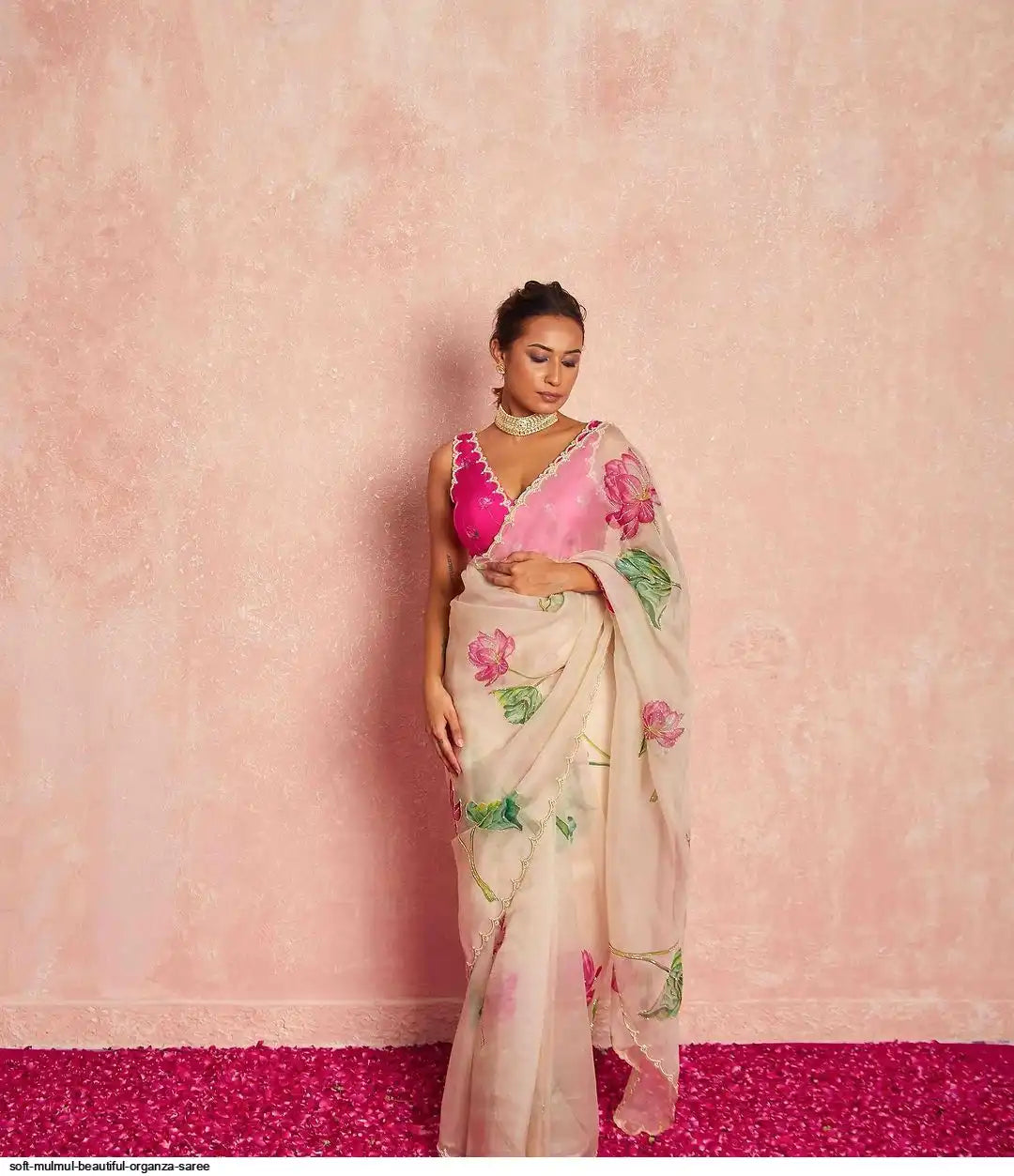 Soft Mulmul Organza Silk Saree with Hand-Embroidered Lotus Motifs & Scallop Border – Designer Elegance with Silk Blouse - House of ViDi