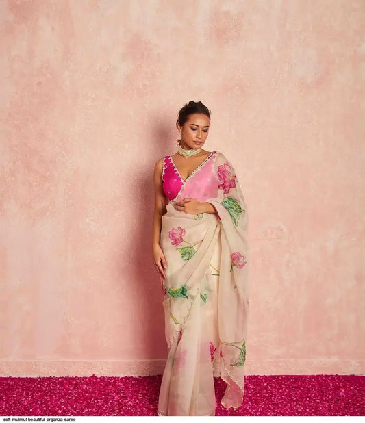 Off-White Mulmul Organza Silk Saree - House of ViDi