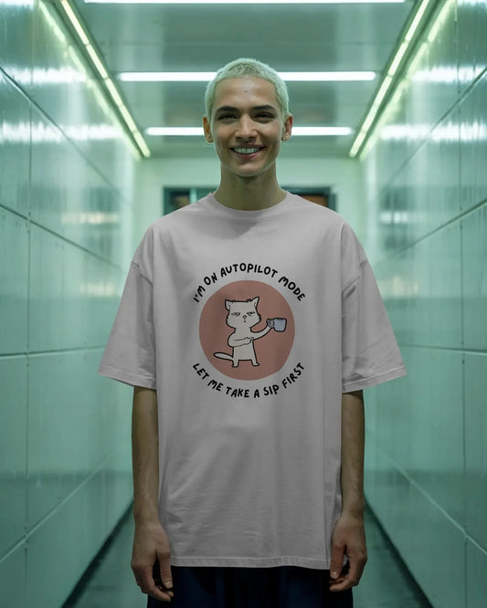 Autopilot Mode Cat Oversized T-shirt | Coffee Mood Tee - House of ViDi