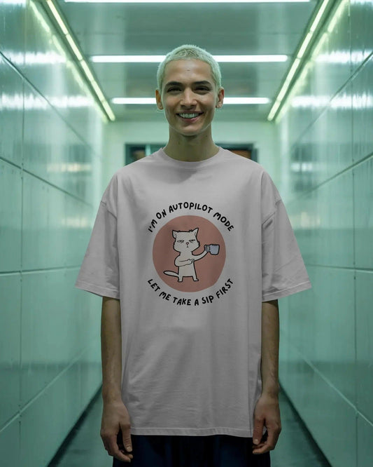 Autopilot Mode Cat Oversized T-shirt | Coffee Mood Tee - House of ViDi