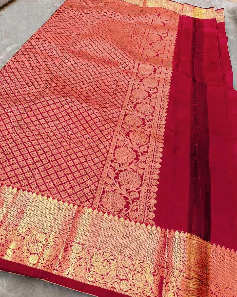 Red Elegant Banarasi Soft Silk Zari Woven Saree with Rich Border & Blouse Piece - House of ViDi