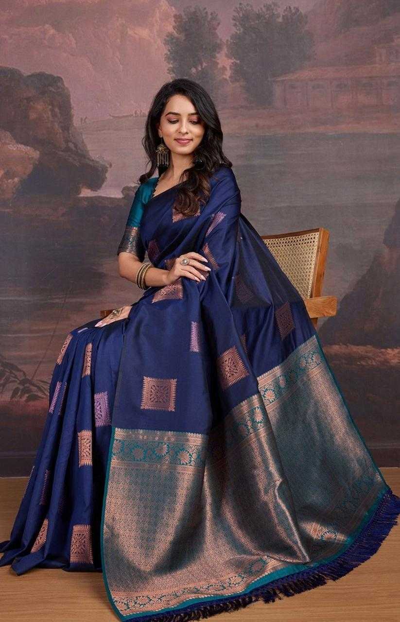 Navy Blue Banarasi Soft Silk Saree with Copper Zari Border – Wedding & Festive Wear - House of ViDi