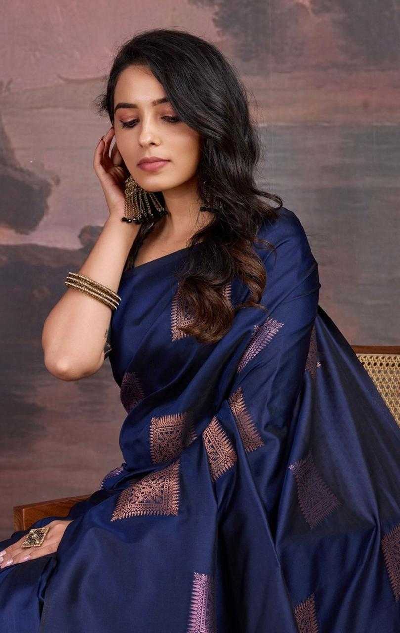 Navy Blue Banarasi Soft Silk Saree with Copper Zari Border – Wedding & Festive Wear - House of ViDi