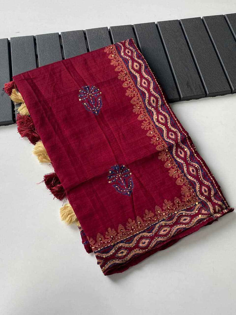 Red Chanderi Cotton Ajrakh Hand Block Printed Saree