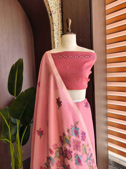 Pink Premium Chanderi Cotton Jamdani Weave Saree with Meena Pallu & Tassels