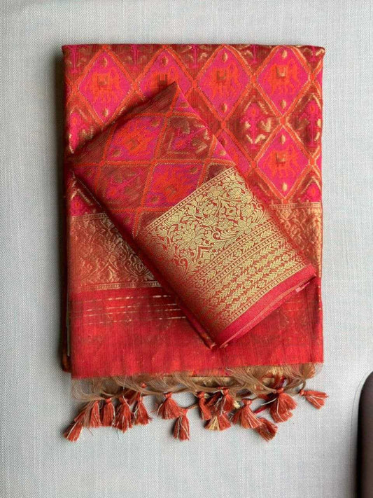 Red Pure Khadi Cotton Handwoven Traditional Saree - House of ViDi