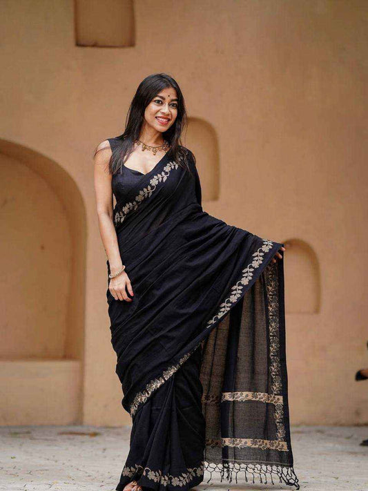 Black Designer Linen Cotton Saree with Floral Border Detailing